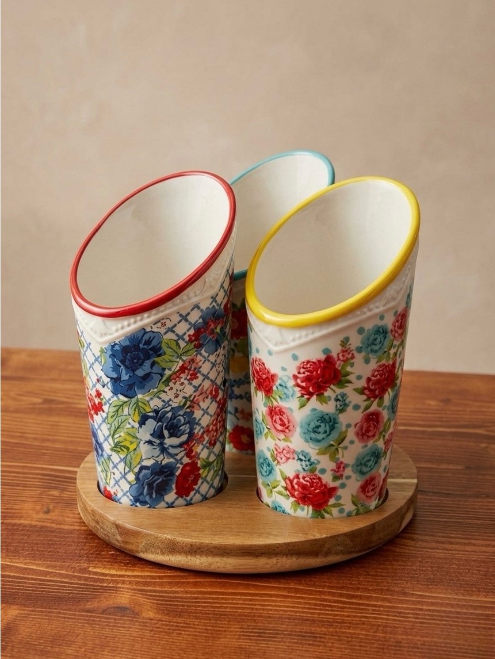 The Pioneer Woman 3-Piece Utensil Crock Set with rotating Wood Base
